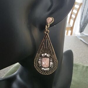 Antique Gold Teardrop Earrings w/ Pink Stone + Rhinestone Halo Vintage/Boho Glam